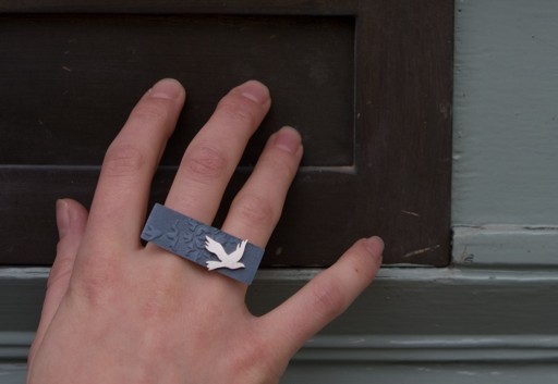 Silver and aluminium ring - dove on black (08-DR-B)